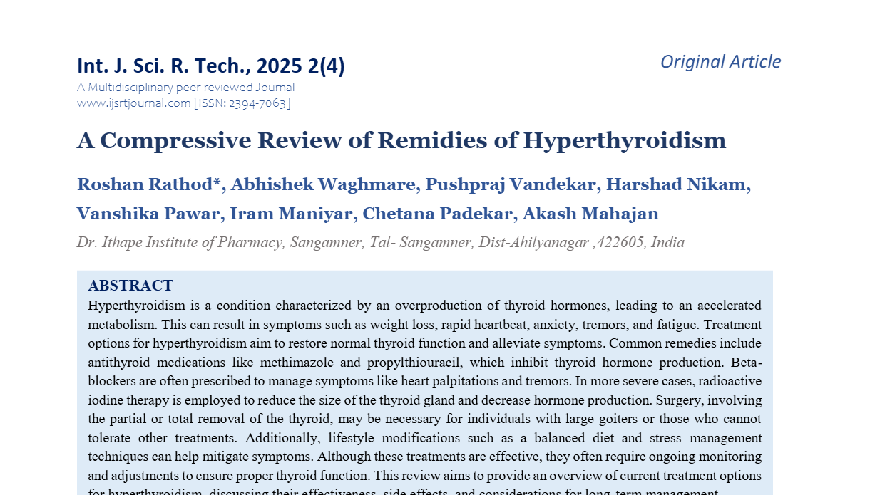 A Compressive Review of Remidies of Hyperthyroidism | IJSRT Journal