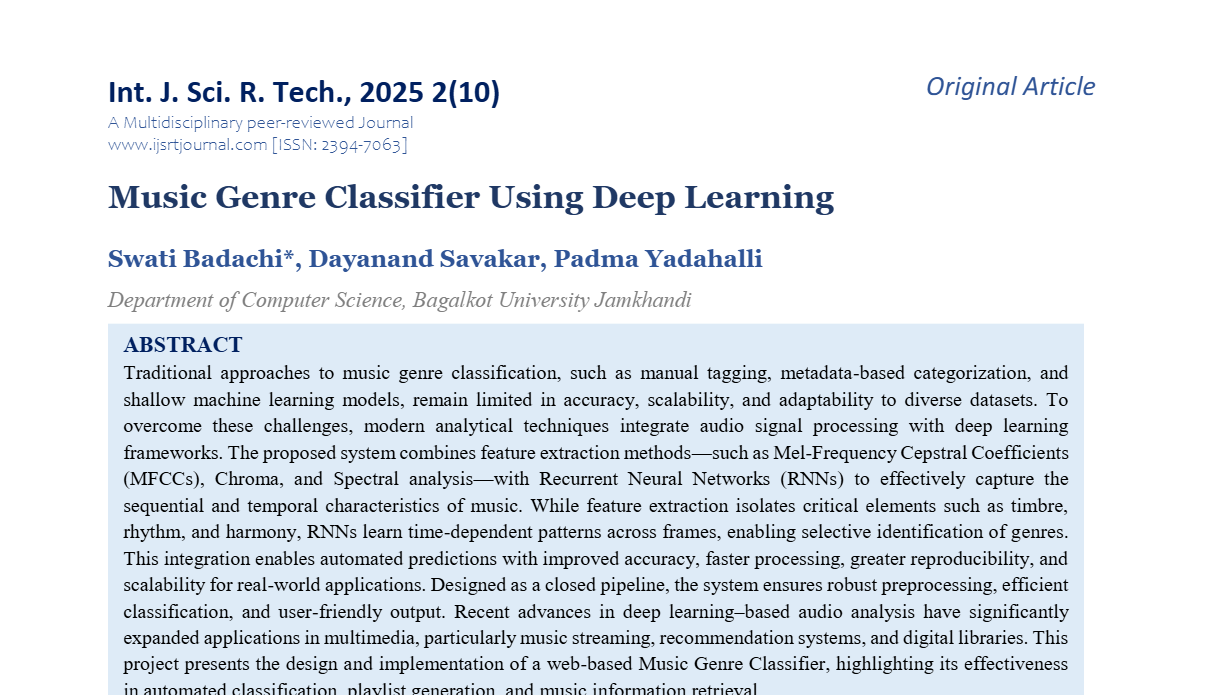 Music Genre Classifier Using Deep Learning | IJSRT Journal